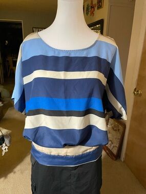New York & Company Blue and Cream Striped Boatneck Blouse